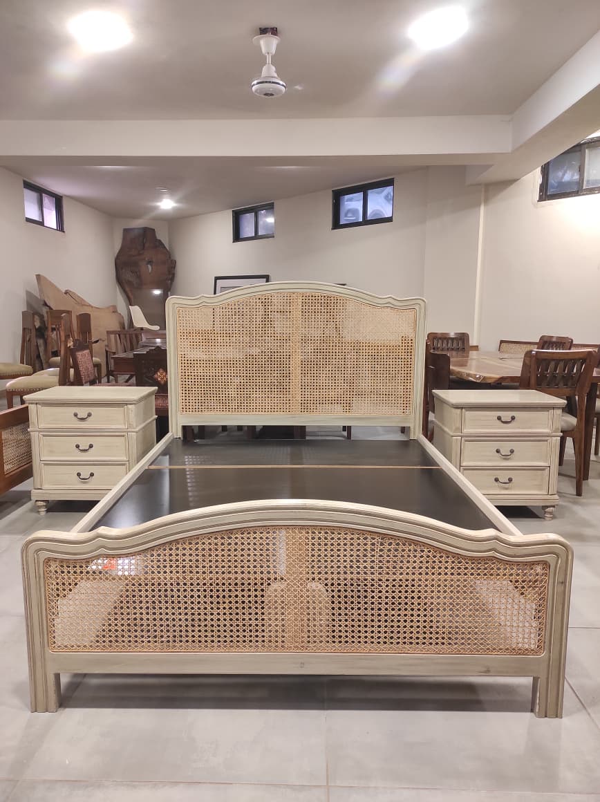 Rattan Cane King Size Bed with 2 Side Tables ( Sheesham Solid Wood )