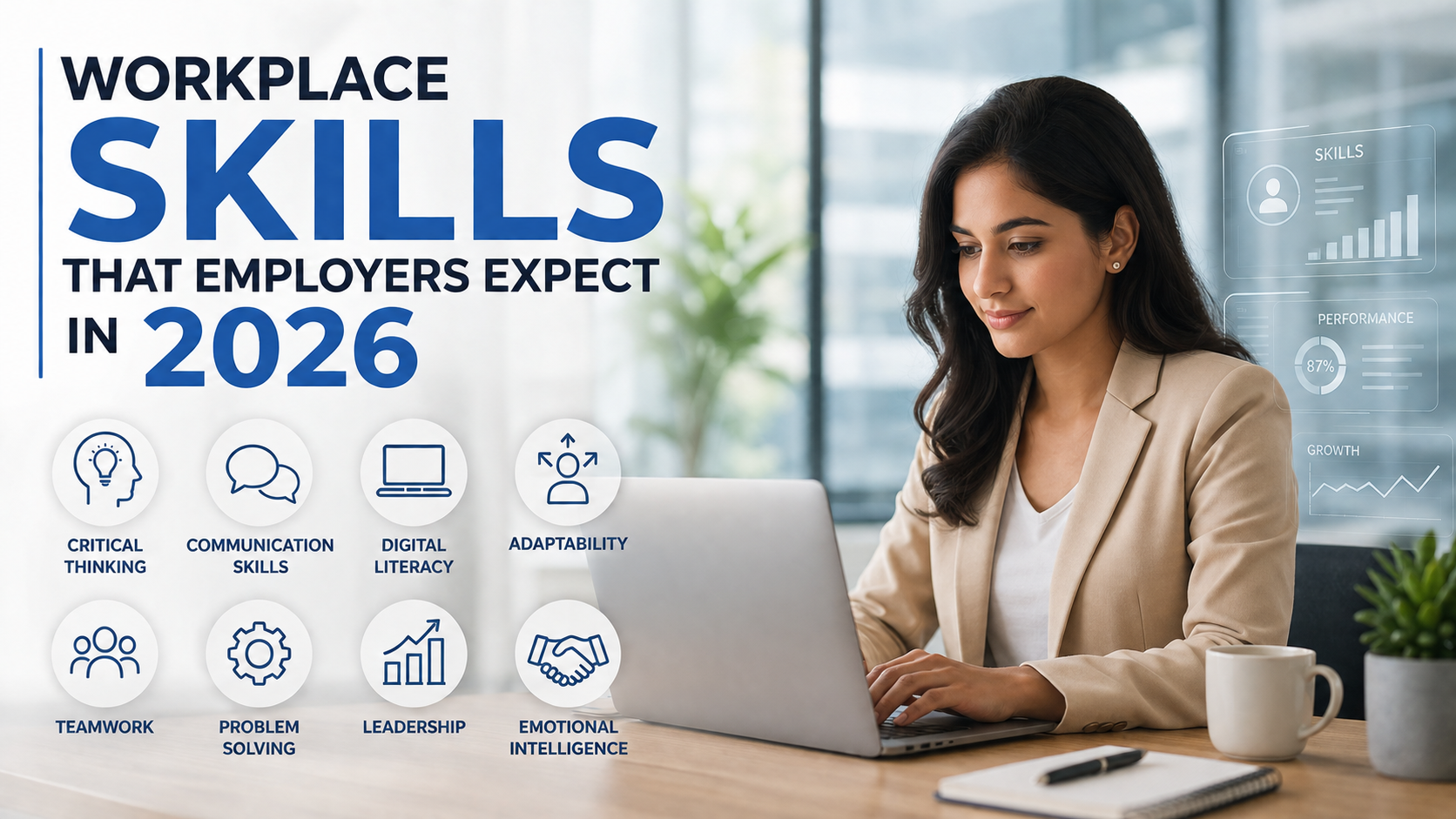 Workplace skills employers expect in 2026 – visual overview showing 8 key skills: critical thinking, communication, digital literacy, adaptability, teamwork, problem solving, leadership, and emotional intelligence.
