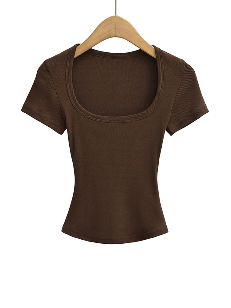 Women's Square Collar Slim Fit Crop Top High Stretch Short Sleeve Pullover  Summer Blouse T-shirt Bottoming