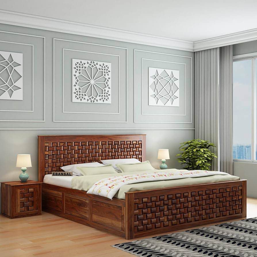 Solid Sheesham Wood Niwar Queen Size Bed with Box Storage Wooden Double Bed Furniture Palang for Bedroom...