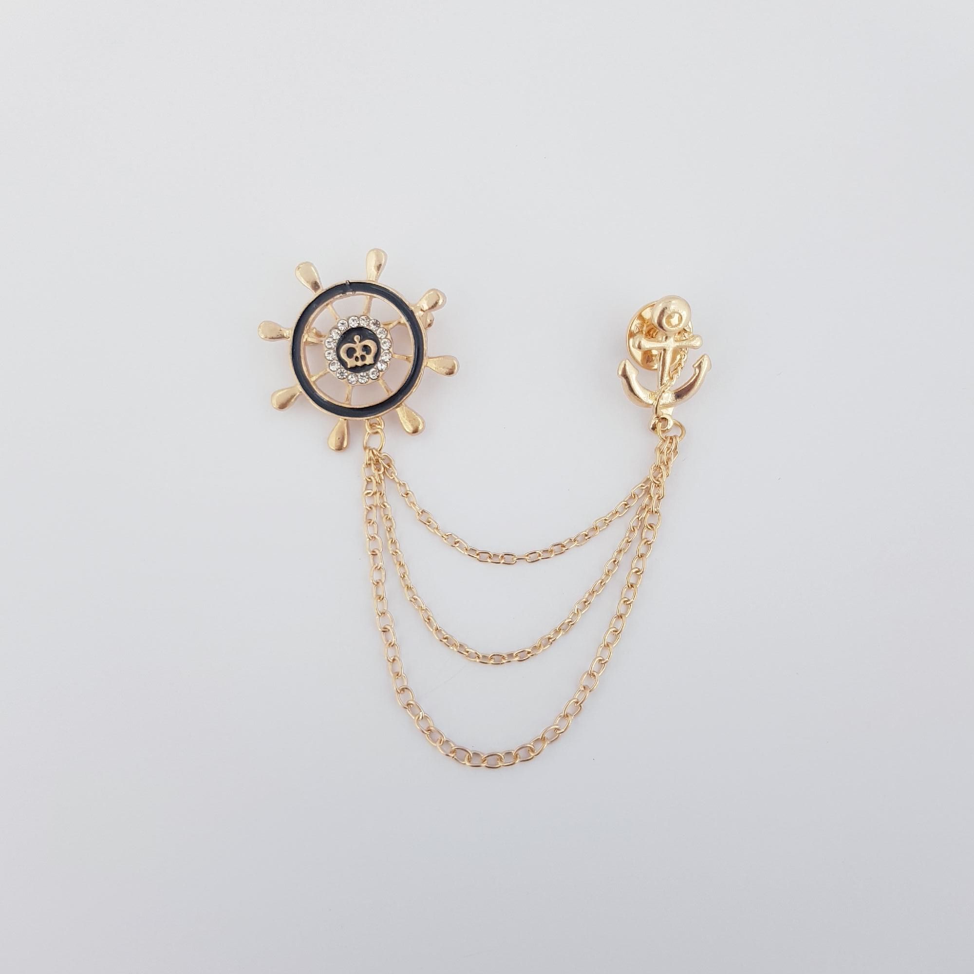Navy Wheel With Chains Brooch