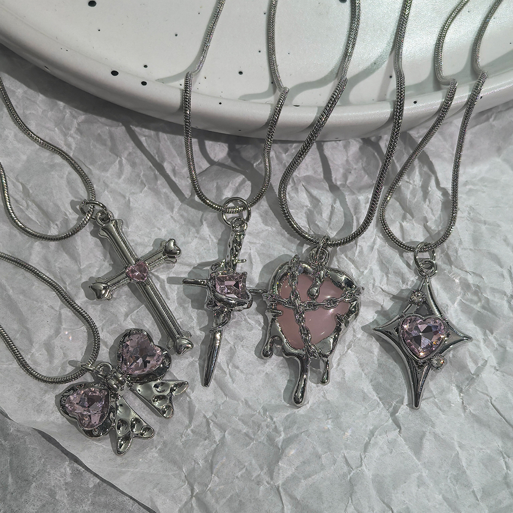 Y2K Pink Rhinestone Cross Heart Pendant Necklace Set Silver Tone Bow Charm Snake Chain Necklaces for Women E-girl Streetw