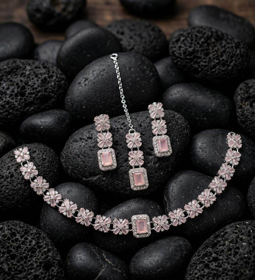 Turkish Zarcon necklace set with earrings and tika for girls and women fancy light work design