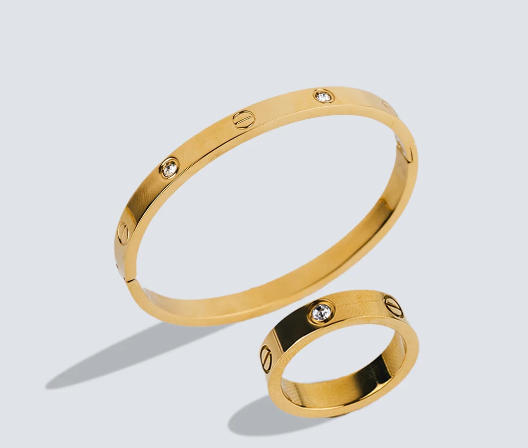 Golden Designer replica Bracelet &amp; Ring Set Stylish Stone Embedded Jewelry for Women