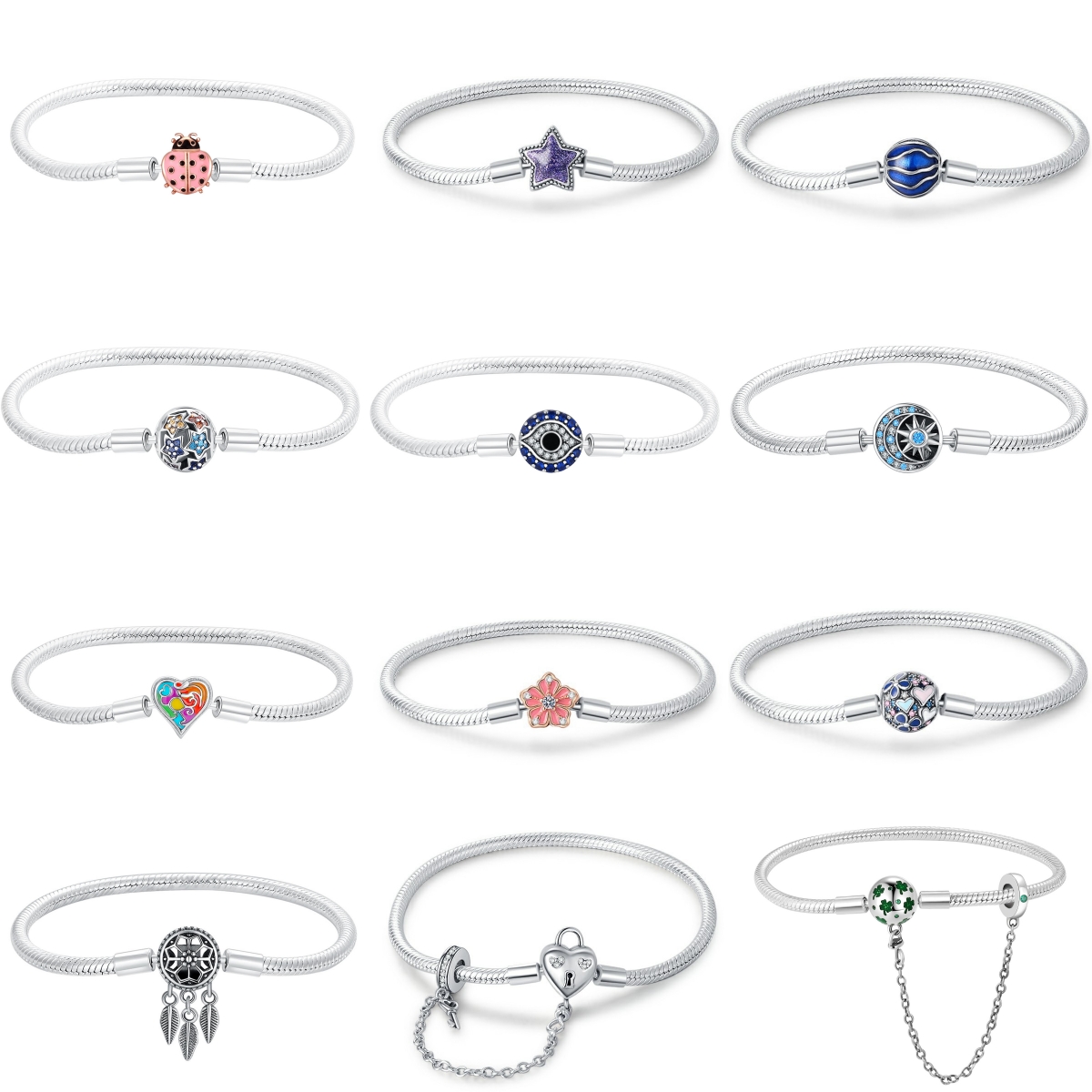 925 Sterling Silver Snake Chain Bracelet for Women Ladybug Star Heart Clasp Bangle Fit Original Charms DIY Jewelry 