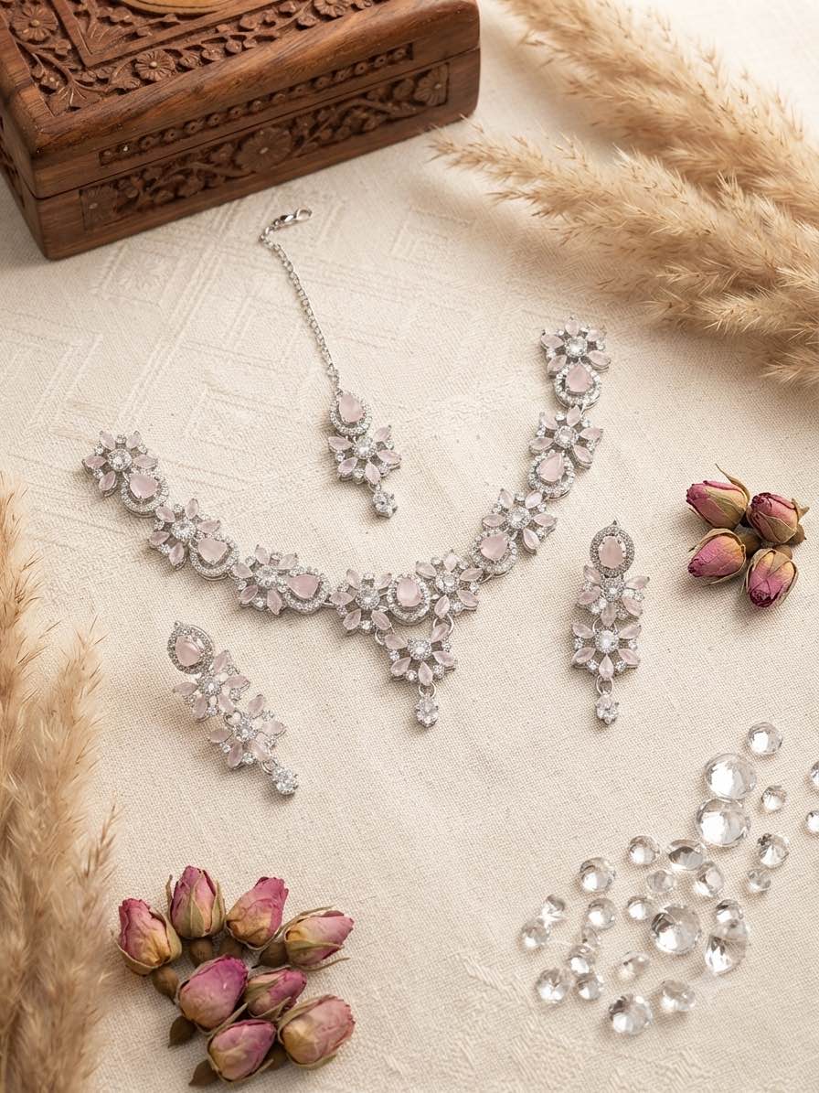 Elegant Floral Design  Stone Necklace Set with Matching Earrings and Tikka | Festive & Bridal Ethnic Jewelry set for girls and women