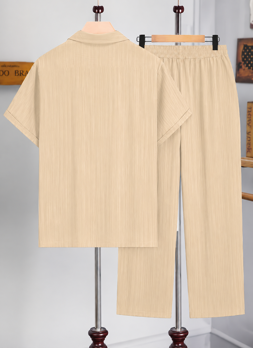 Deals Swag|Men Textured Co-Ord Set Short Sleeve Shirt and Trouser Summer Outfit Casual Two Piece Matching Set