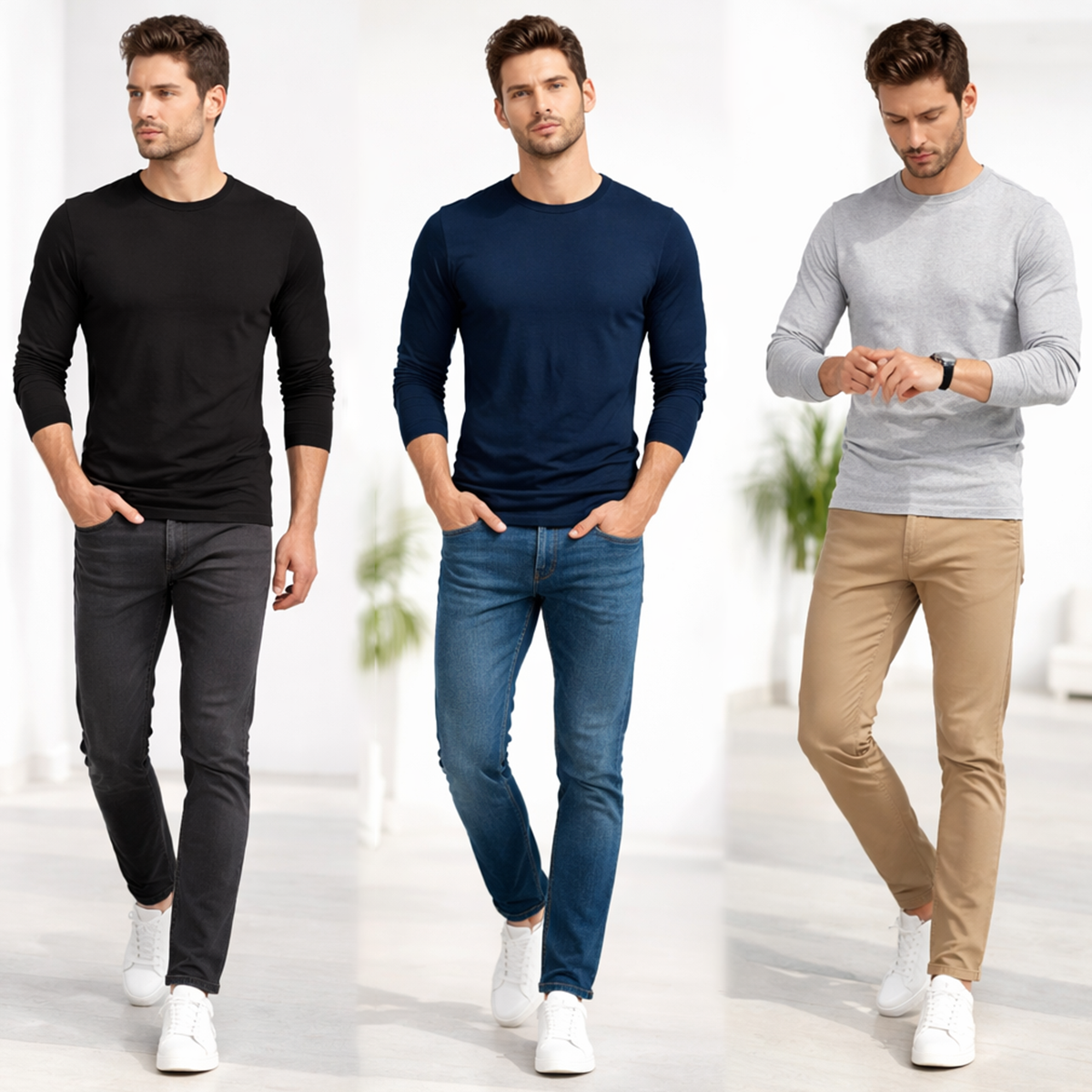 MK Garments - Pack Of 3 Plain Colors Premium Full Sleeves  Multicolor Shirts Casual Wear Long Sleeve For T Shirt For Men