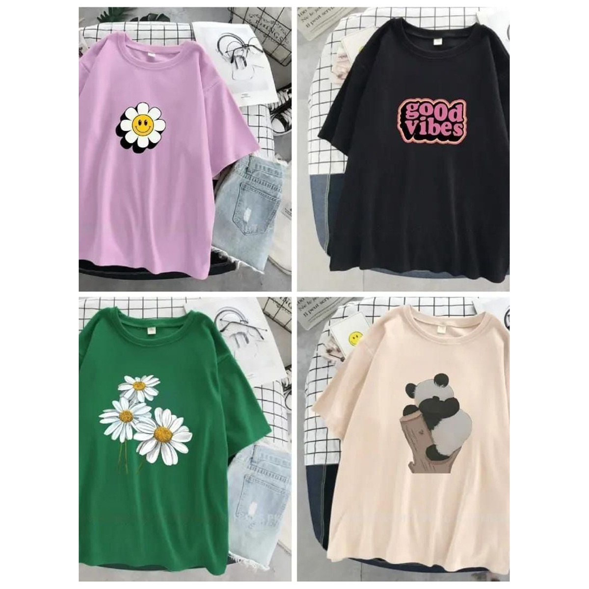 Pack Of Four Women Casual T Shirts A Soft And Comfortable Fabric Trendy Prints And Random Colors Set