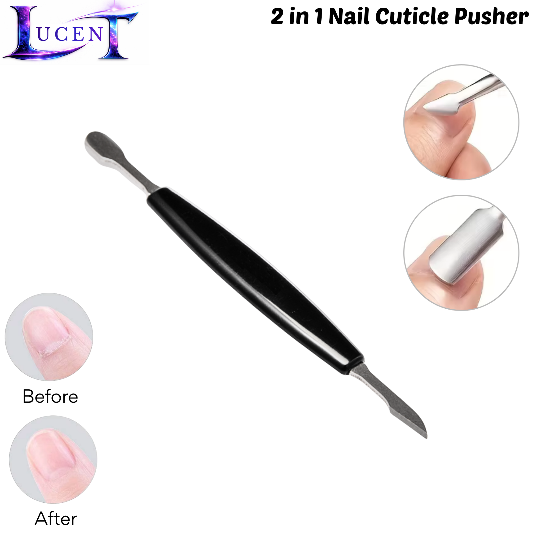 2-in-1 Double-Ended Nail Cuticle Pusher & Remover – Dual Beveled & Round Head Dead Skin and Nail Polish Cleaner for Manicure & Pedicure Care
