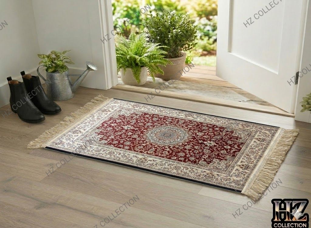 Elegant Floral/Geometric Poly-Cotton Rug - 1 Piece Traditional Design, Hand-Knotted Patterned Prayer Mat