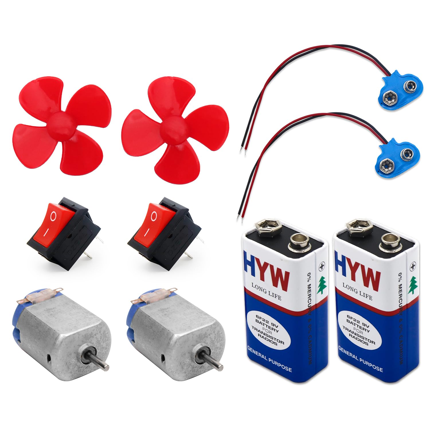 2-in-1 DIY Science Project Kit - 130 DC Motors, 9V Batteries with Snap Connectors, Rocker Switches, and 4-Blade Plastic Propeller Fans for School STEM Experiments & Toy Crafts