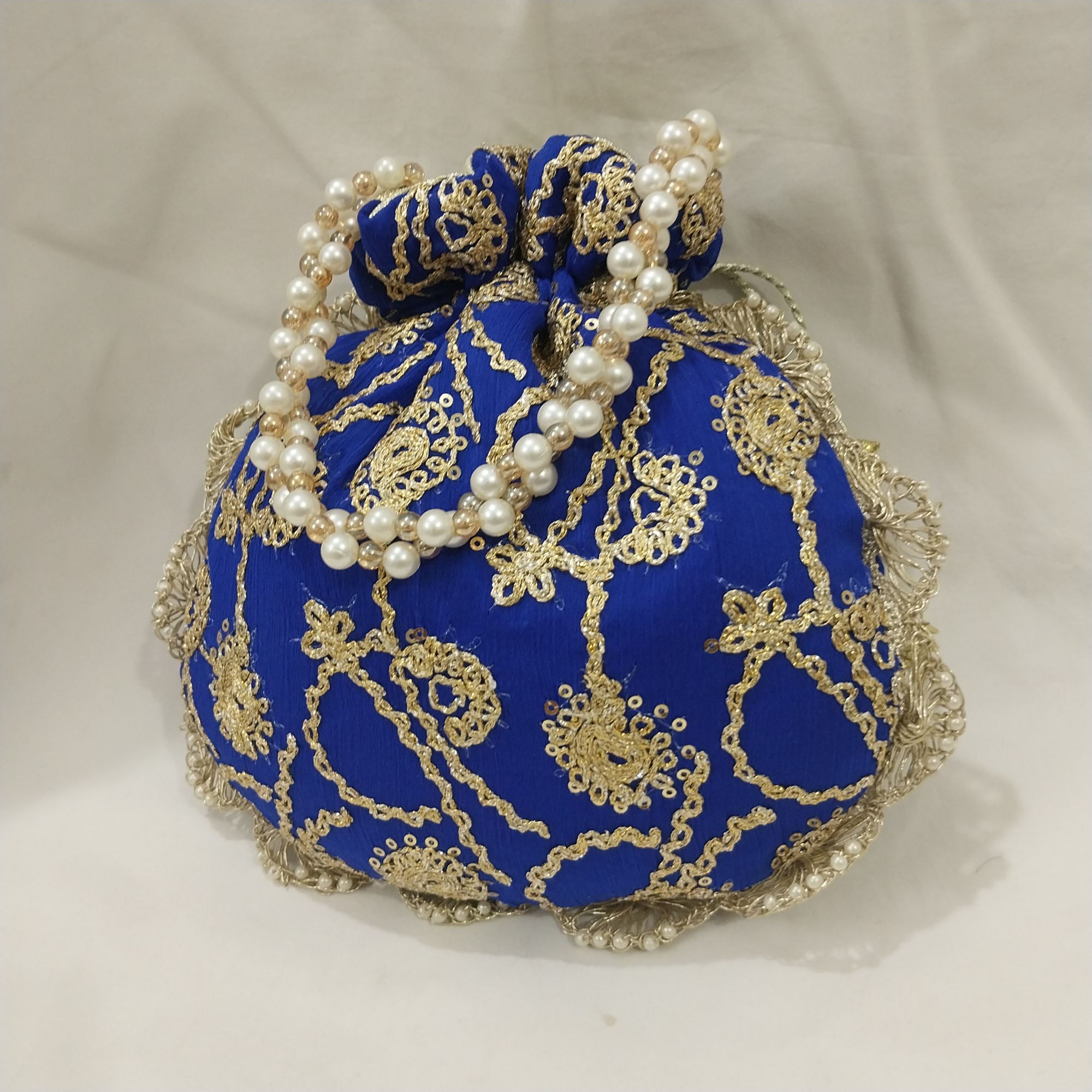 Embroidered Potli Clutch Bag with Pearl Handle for Party Wear