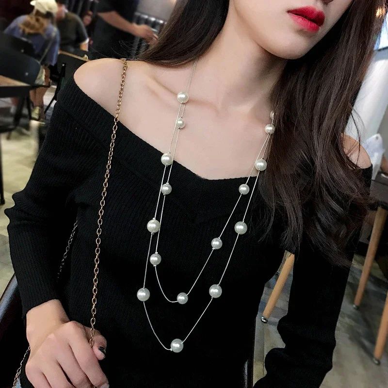 Long Double Layer Pearl Necklace Women Sweater Chain  Female Collares Statement Jewlery 2024