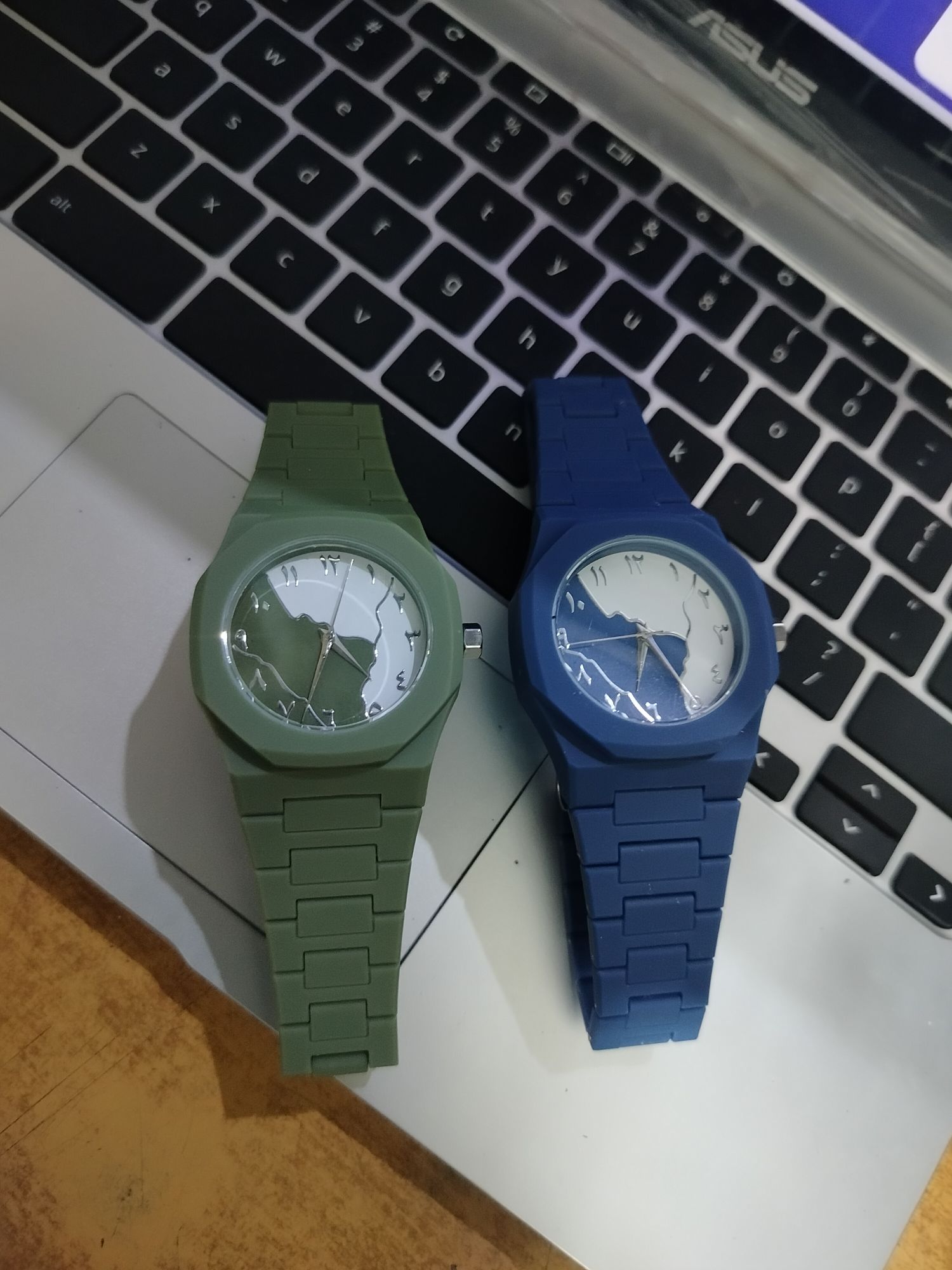 Premium Arabic Numerals Wrist Watch – Silicon Strap, Islamic Dial (Blue & Army Green)