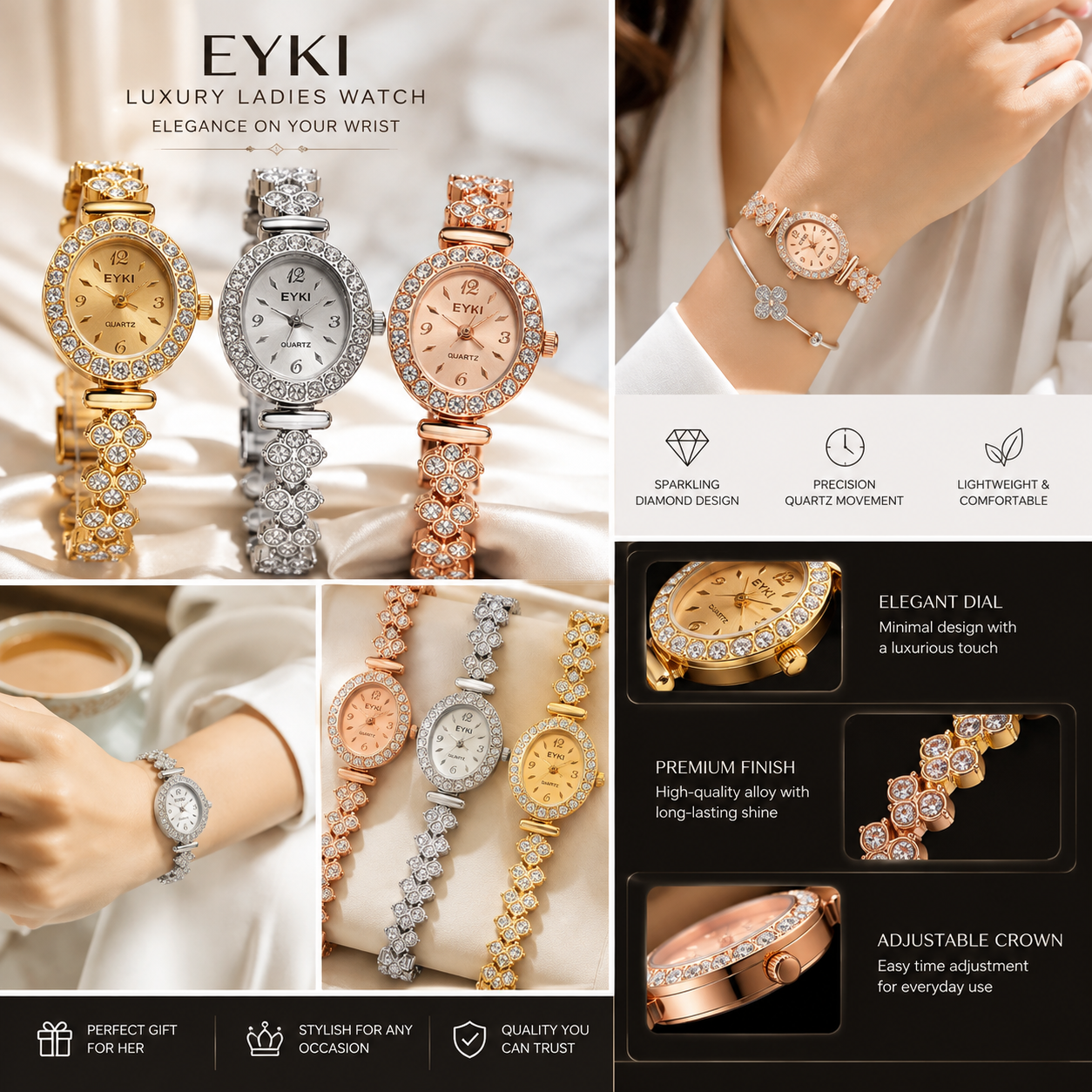 EYKI Luxury Oval Watch for Women - Elegant Crystal Bracelet Ladies Wristwatch -Stylish Ladies Quartz Wristwatch-Ideal for Weddings & Parties