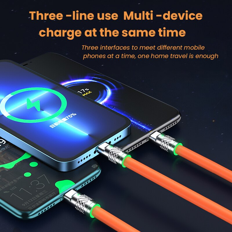 3 In 1 120W Fast Charging Cable – 6A Multi Connector USB Data Cable with LED Night Light