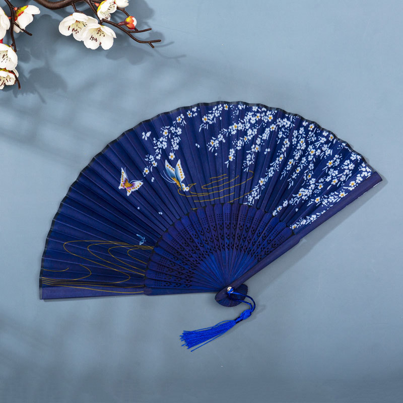 1Pc Vintage Silk Folding Fan Retro Chinese Japanese Bamboo Folding Fan Tassel Dance Hand Fan Home Decoration Ornament Craft 