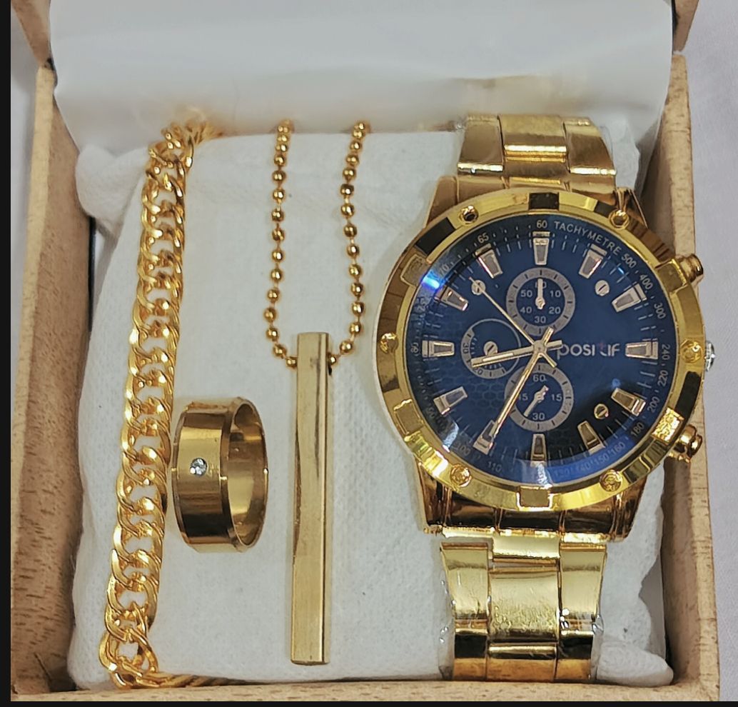 Pack Of 4 New Fashiom  Men's Fashion Luxury  Watch Deal   -Top Fashion Mens Steel Band Watch +Chain Braclete -High Quality Golden& Blue In  Random Dail Designs With Stainless steel Straps Wriste Watch+ Braclets+Ring +Ring For men-