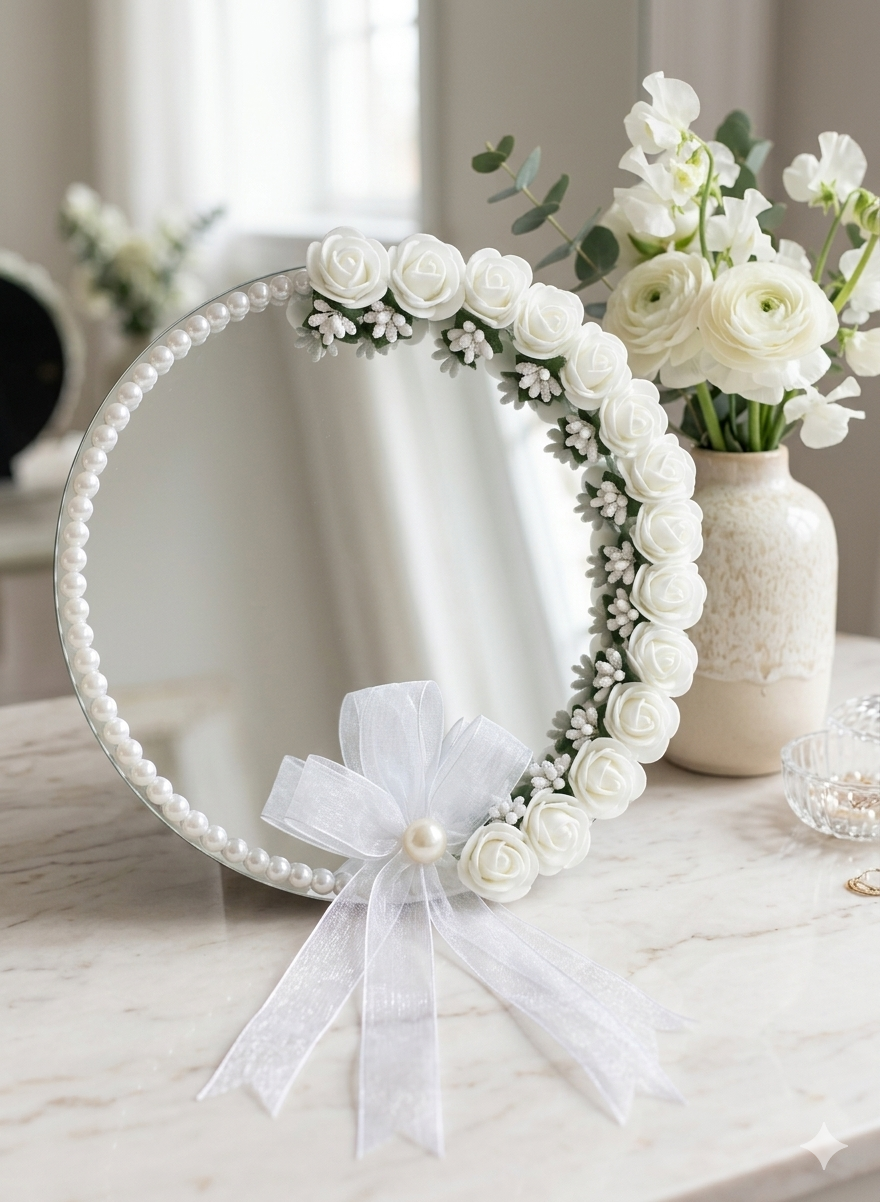Customized Nikah Mirror Tray with premium ring boxes – Elegant White Rose Decor Engagement Tray for Groom & Bride – Personalized Wedding Ring Plate customized engagement ring tray,
