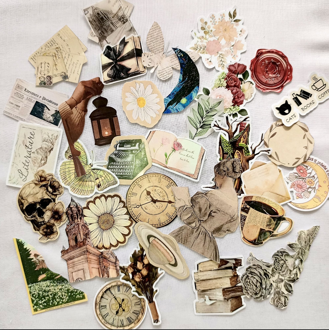 Vintage Academia Aesthetic Stickers | 32 & 65 Pcs | A5 & A6 Uncut Sheet | Glossy Paper, Medium Size | Perfect for Journaling, Scrapbooking & Laptop Decor