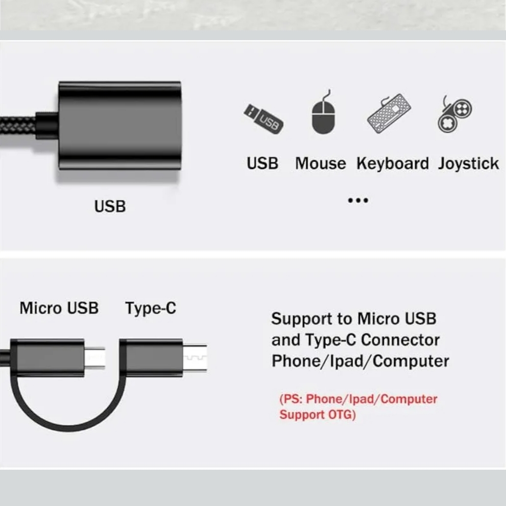 2 in 1 Type C + Micro USB OTG Adapter USB 3.0 | Alloy Frame With Frabric Wire | High Speed Data Transfer Pendrive Connector for Android Mobile Tablet Laptop | Type C & Micro USB OTG Cable