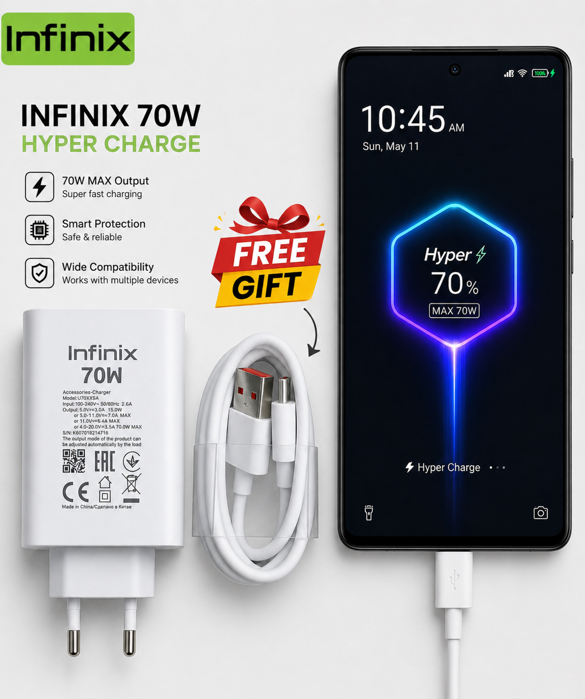 Infinix 70W Fast Charger Adapter | Genuine Infinix Charger | Hyper Fast Charging | Type-C Charger | Note 30 Pro | Hot 40 Pro | Zero Series Compatible