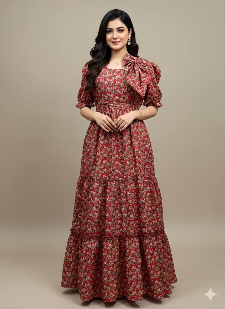 Stylish 3pc Korean maxi frocks puffy sleeves with Free Matching Hair Bow + Matching Scrunchies Floral maxi western maxi Floral prints Free Hair bow