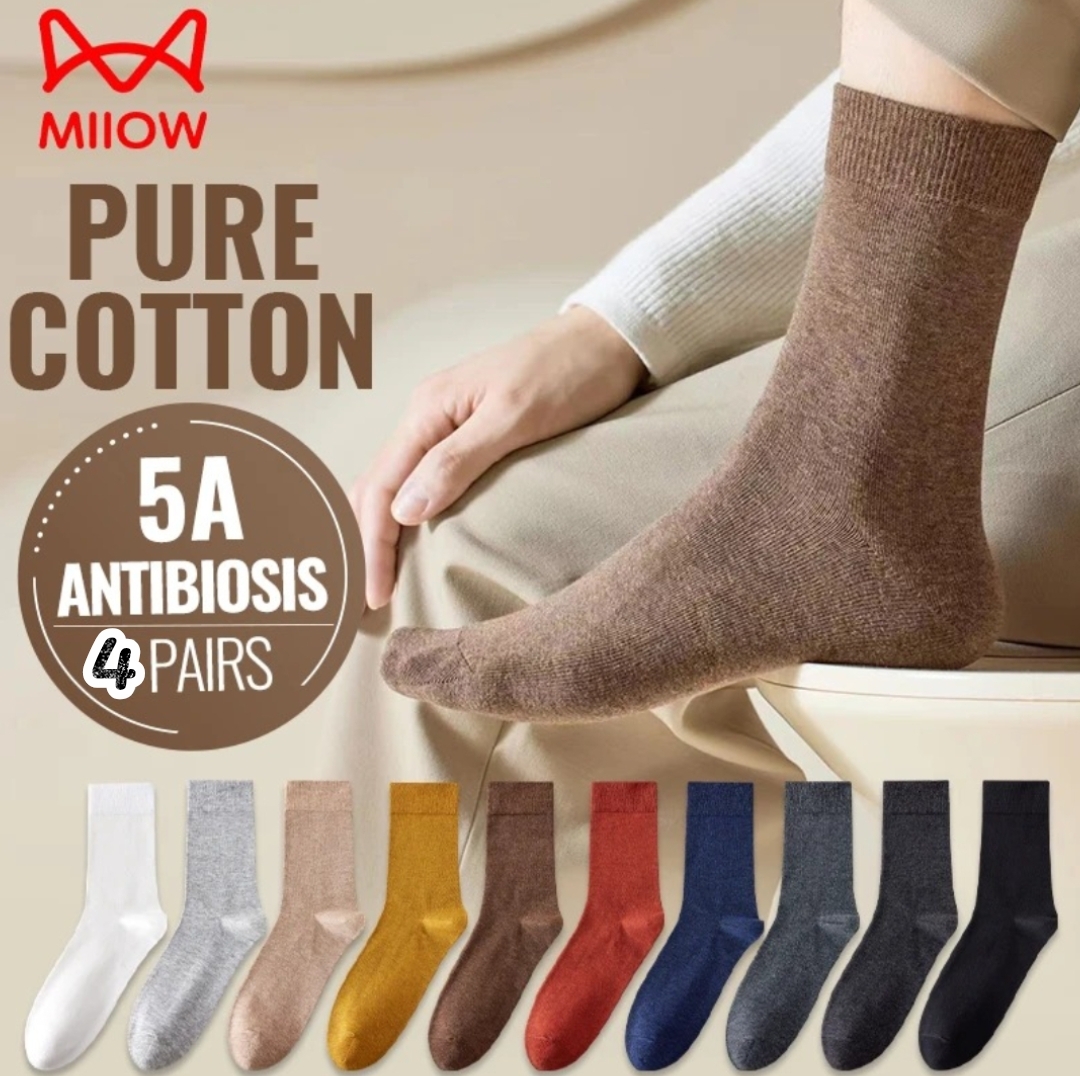 4-Pairs MiiOW 92% Pure Cotton Socks Men Business Dress Long Sock Crew Socks Antibacterial Anti Odor Anti-Pilling Breathable Sport Sock