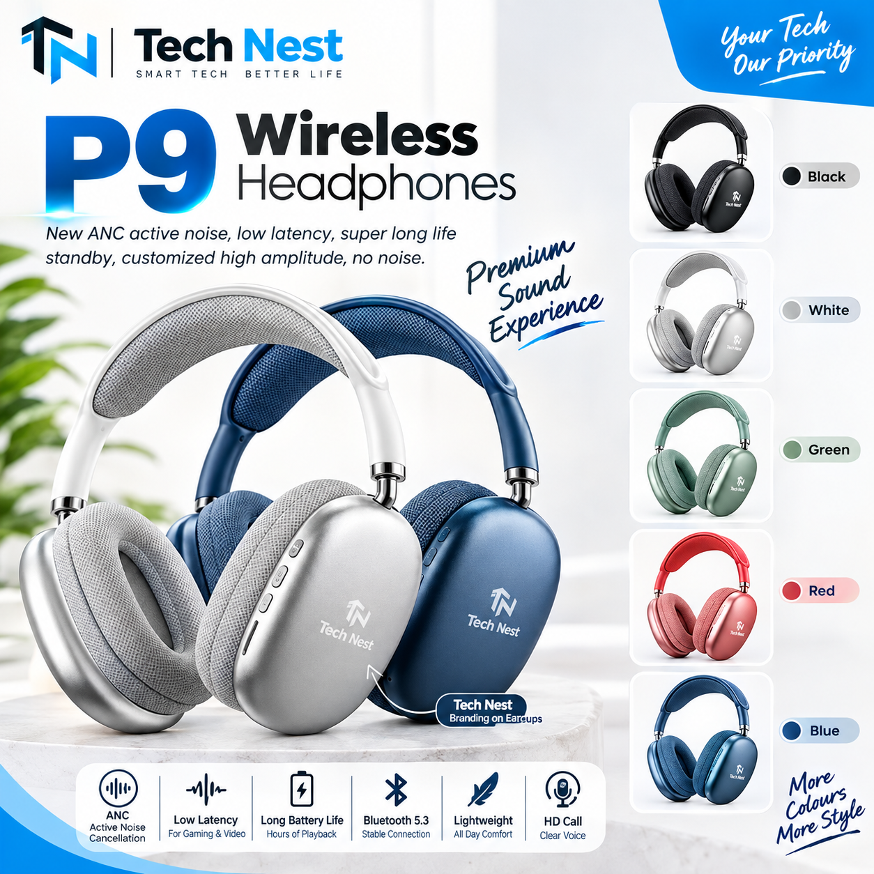 Wireless Bluetooth 5.0 Headphones With Mic HiFi Stereo Deep Bass Noise Cancelling Headset Foldable Over Ear Earphones For Android Laptop PC Gaming Gym Travel Online Classes Support AUX TF Card Volume Control Wireless Headphone
