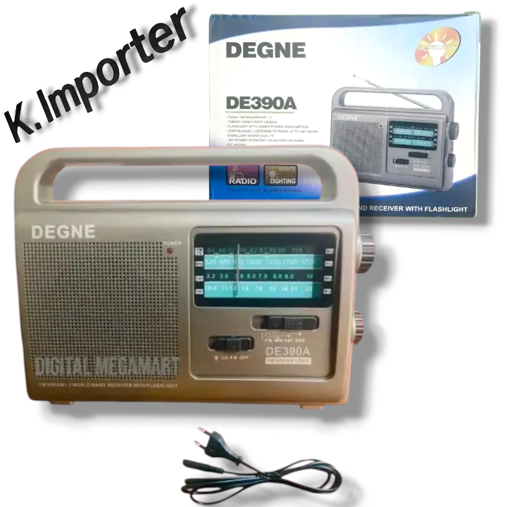K. IMPORTER Portable Radio FM - MW - DEGNE - 8 Portable World Bands Receiver - Flashlight - AC-220V & DC Jack 6V Jack and Earphone Supported