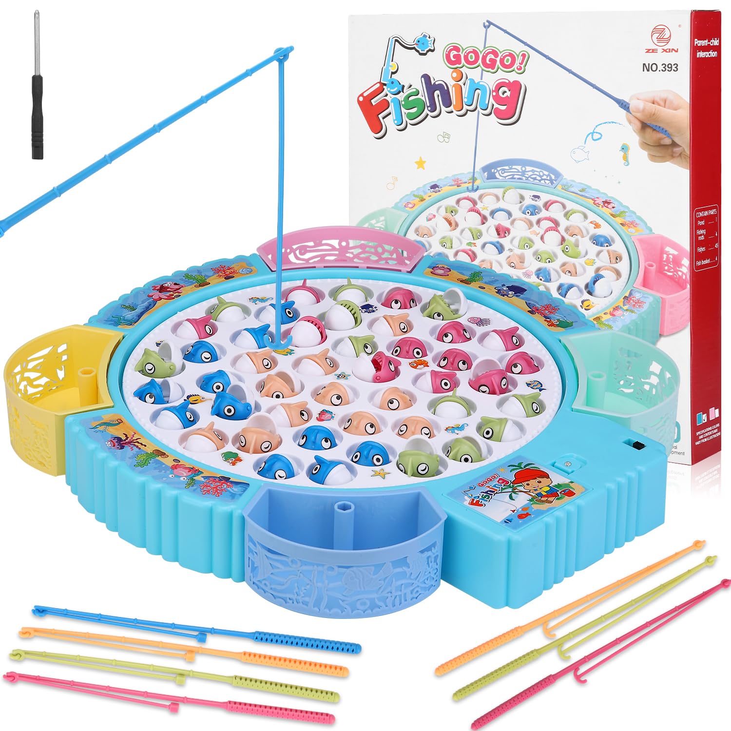 Pakoo Magnetic Fishing Game Toys, Rotating Board Game with Music Including 45 Fishes and 8 Fishing Poles, Eid Party Game Toys for Kids Age 3 4 5 6 7 and Up