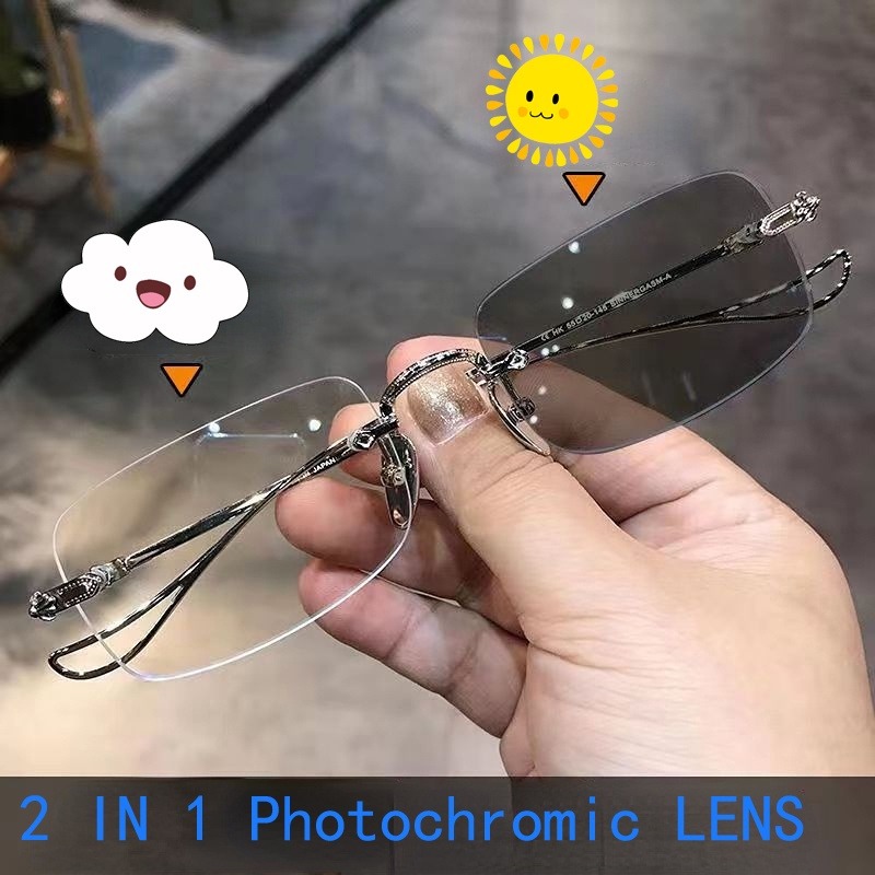 Photochromic Anti Radiation Frameless Glasses For Women Men Rimless Transition Rectangle Eyeglasses