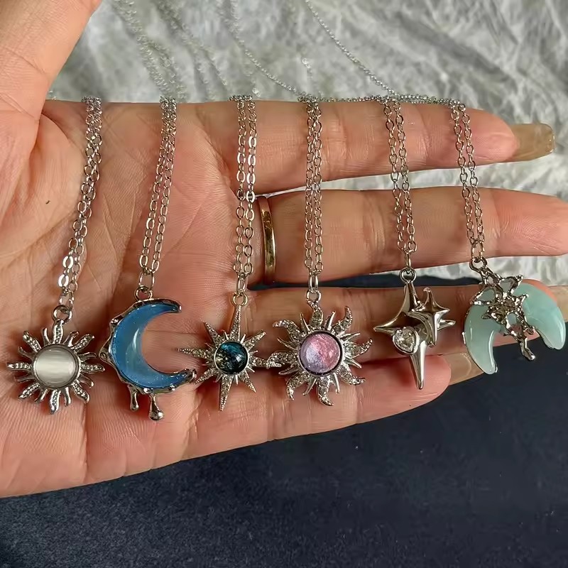 Y2K Cool Silver Star Moon Double Star Necklace Angel Friendship Pendant Long Chain Best  for Men and Women