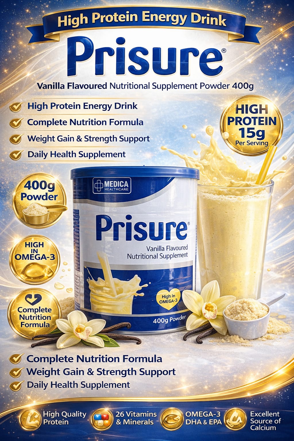 Prisure Vanilla Flavor Nutrition Powder 400g | High Protein Health Drink | Weight Gain Supplement | Energy Booster | Adult Nutritional Formula | Muscle Strength Support | Daily Health Care | Immunity Booster | Vanilla Nutrition Supplement