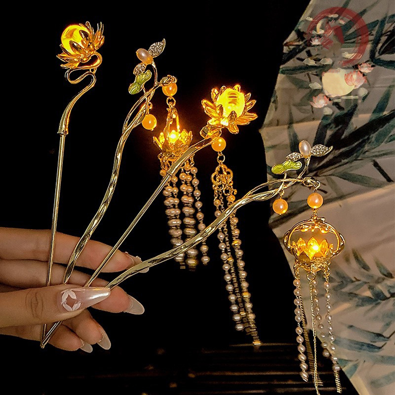 Luminous Flower Hairpin Exquisite Lotus Floral Tassel Hair Stick Elegant Trendy Metal Hairpin Girls Hair Decor Accessories 1pc