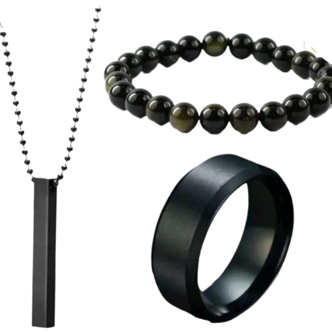 3pcs/ 3D  Bar Stainless steel Necklace With Stainless Steel Titanium Ring With Hand MadeNatural Black Beads Braclet For Men And Boys  /Special Lockets set Gift For  Men No Fade Color