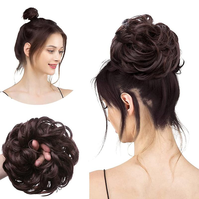 Dark Brown Hair Bun Extension Synthetic Hairpiece Clip In Messy Curly Bun Hair Accessory Women Girls Elegant Hair Accessory Easy To Use Comfortable Lightweight Adjustable Size Premium Quality Hairpiece For Parties Weddings Daily Wear