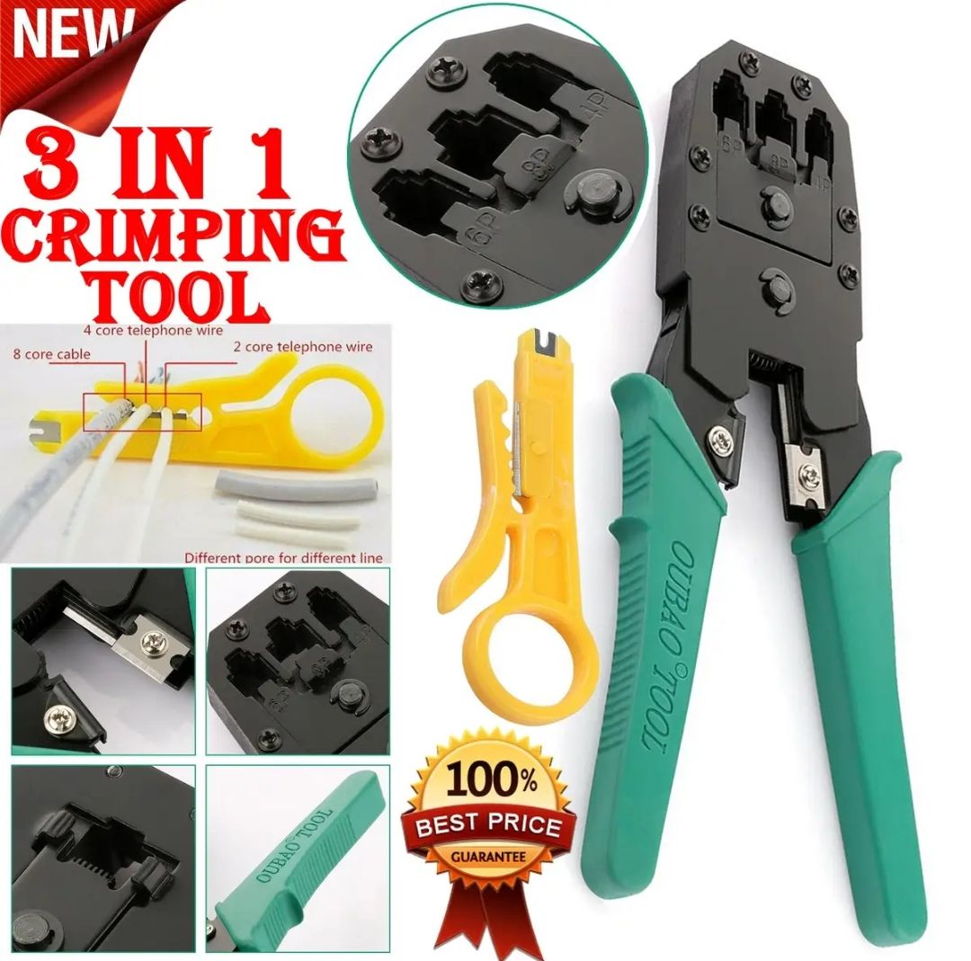RJ45 3 in 1 Network LAN Ethernet Cable Crimping Tool RJ45 RJ11 RJ12 Crimper Cutter Wire Stripper 8P8C 6P6C 4P4C Multifunction Portable Networking Repair Tool for Cat5 Cat5e Cat6 Cat6A Cat7 Modular Connectors Premium Quality