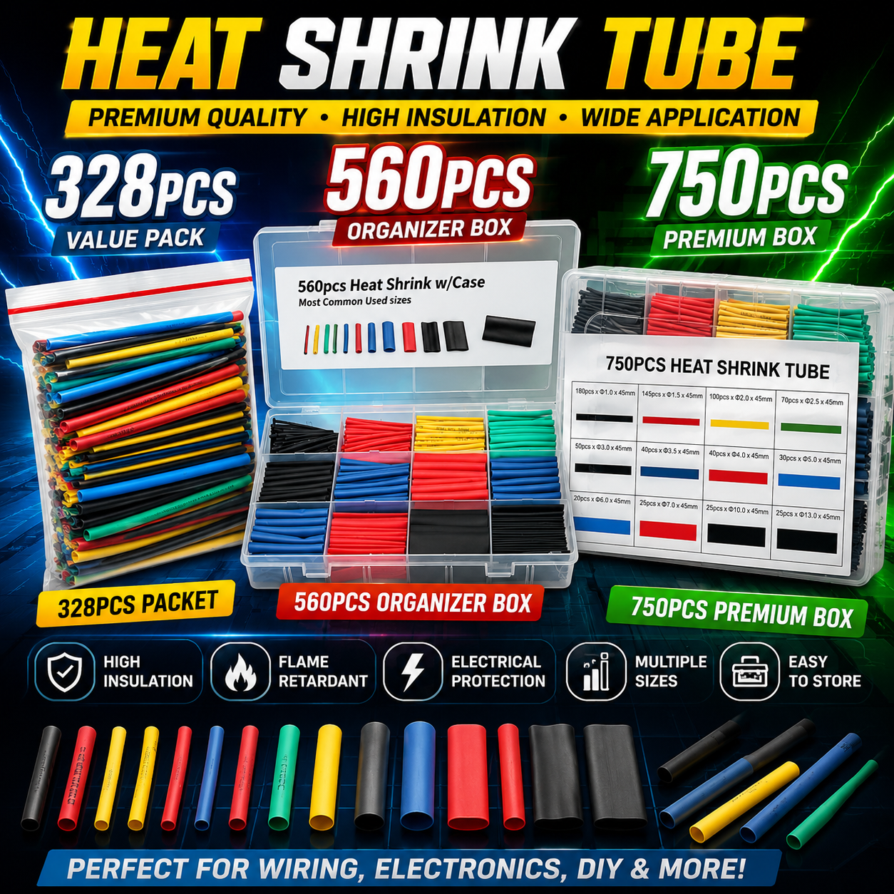 Heat Shrink Tube Kit 328PCS / 560PCS / 750PCS Assorted Sleeving Set | Insulation Tubing Box | Wire Protection Kit | DIY Electronics, Arduino, RC, Automotive