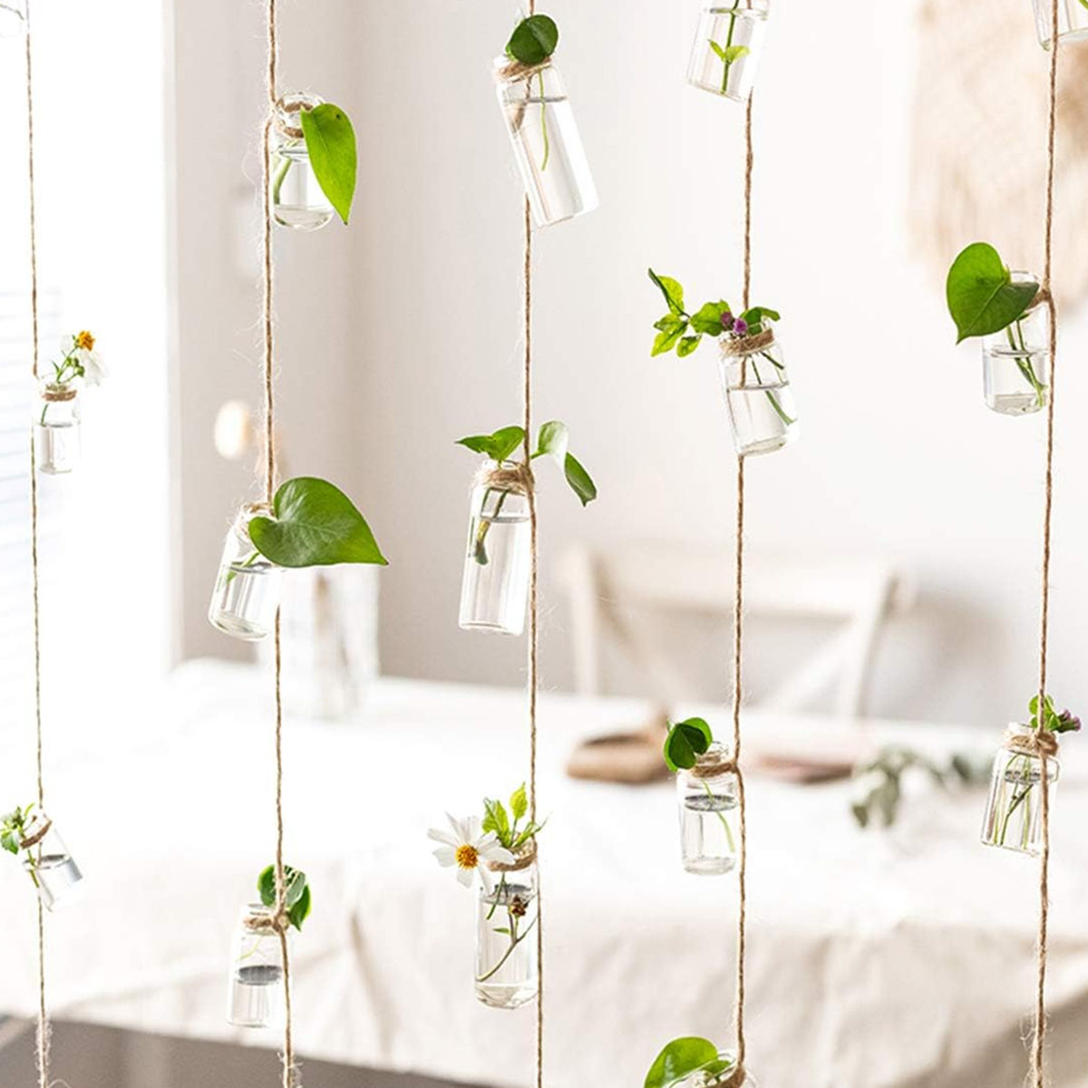 Set of 8 Small Hanging Glass Bud Vases with Hemp Rope for Home Decor and Gifting