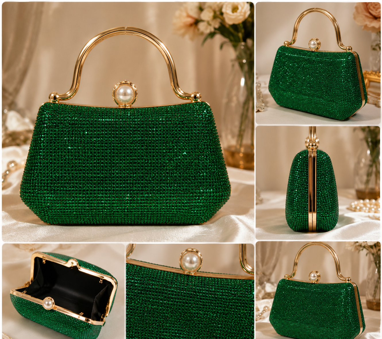 Emerald Green Sparkly Rhinestone Bridal Evening Clutch Bag | Crystal Top Handle Party Purse for Wedding | Rhinestone Evening Clutch Bag for Women|Ladies Bridal Wedding Party Purse | Crystal Top Handle Handbag |Elegant Glitter Cluth For Wedding