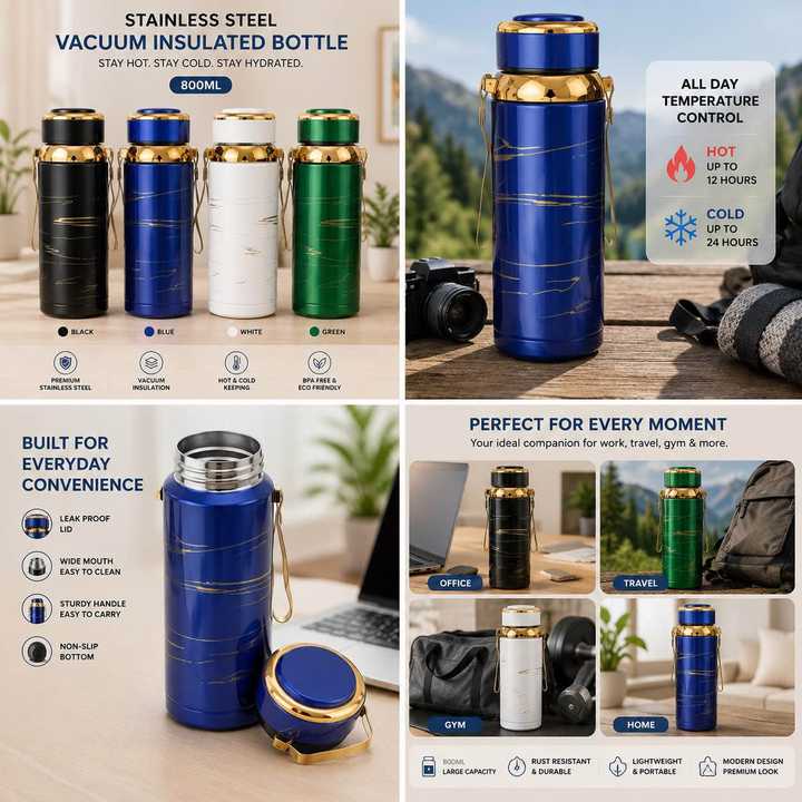 Marble Printed Stainless Steel Water Bottle | Stylish Reusable Bottle | Hot & Cold Drink Flask | Random Colors