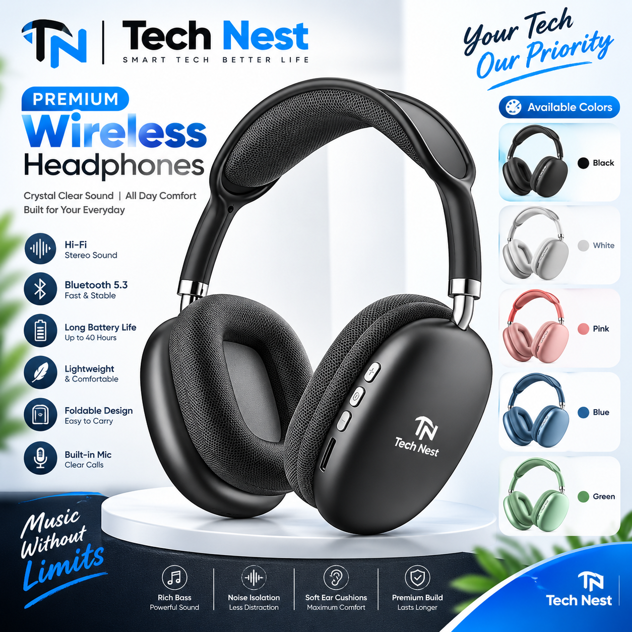 Wireless Bluetooth 5.0 Headphones HiFi Stereo Deep Bass Over Ear Foldable Headphones Gaming Headset for Android Laptop PC Travel Gym Online Classes Supports AUX Cable TF Card Wireless Headphones for Boys Girls Gaming Headphones Wireless Bl