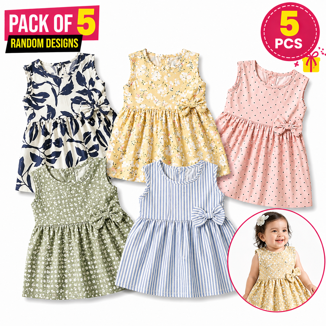 Pack of 5 Baby Girl Frock Random Design Cotton Baby Dress for Girls Newborn Infant Toddler 0-4 Years Cute Stylish Baby Girl Clothes Soft Comfortable Kids Frock Set Latest Baby Girl Frock Dress Summer Casual Party Wear Baby Girl Clothing Bundle Value Pack