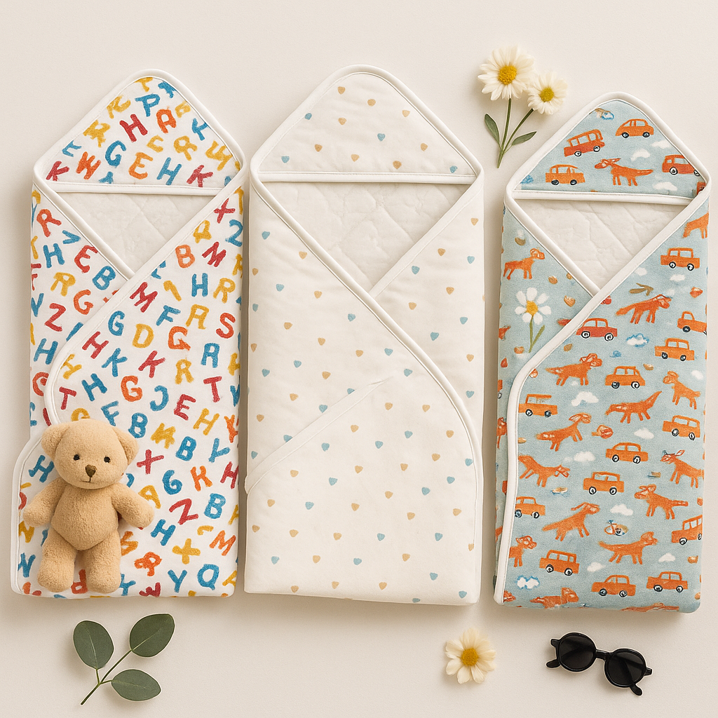 High-Quality Organic Cotton Baby Swaddle Blanket with Hood - Cute Vehicles/Camouflage Design, Soft Baby Wrap for 0-3 Months, Unisex Nursery Bedding