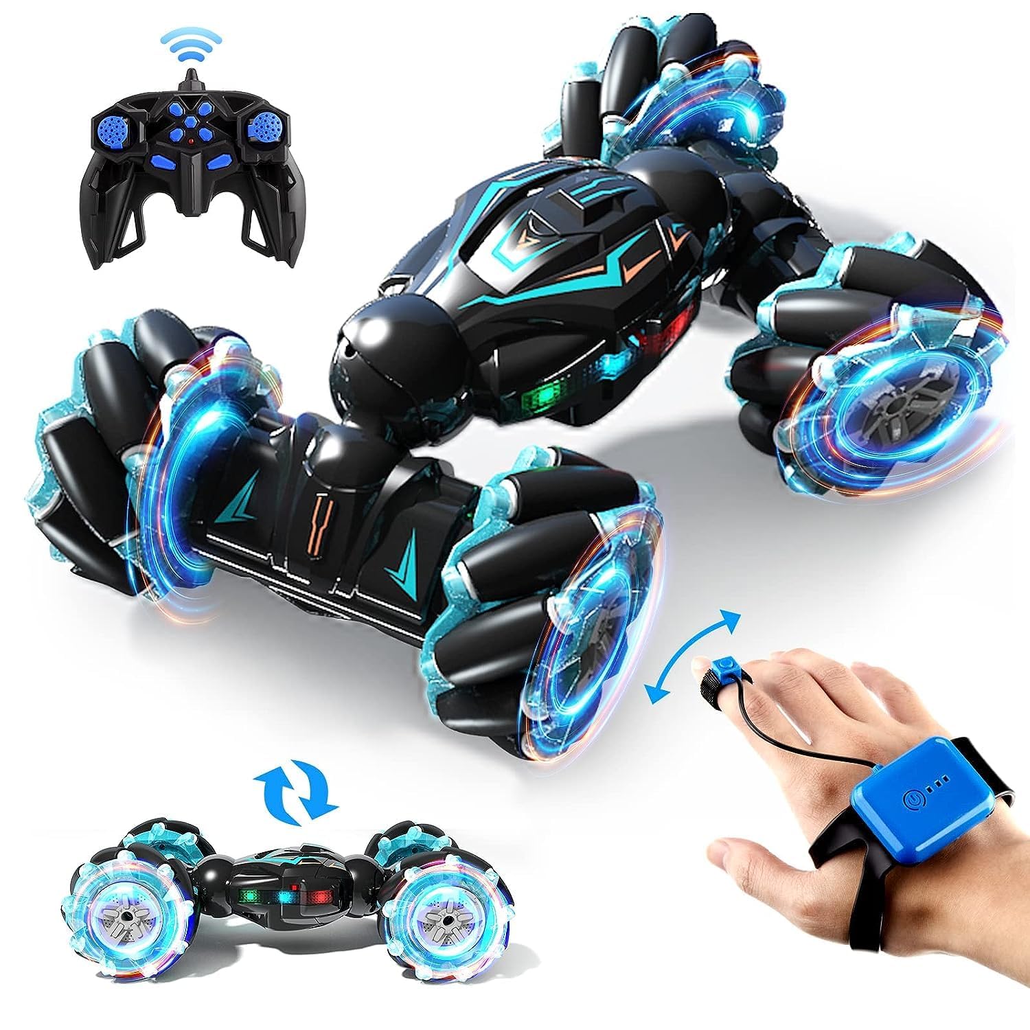 RC Stunt Car, 2.4GHz 4WD Remote Control Gesture Sensor Toy Double Sided Rotating Off Road Vehicle 360° Flips With Lights Music For Boys & Girls Birthday, Multicolor
