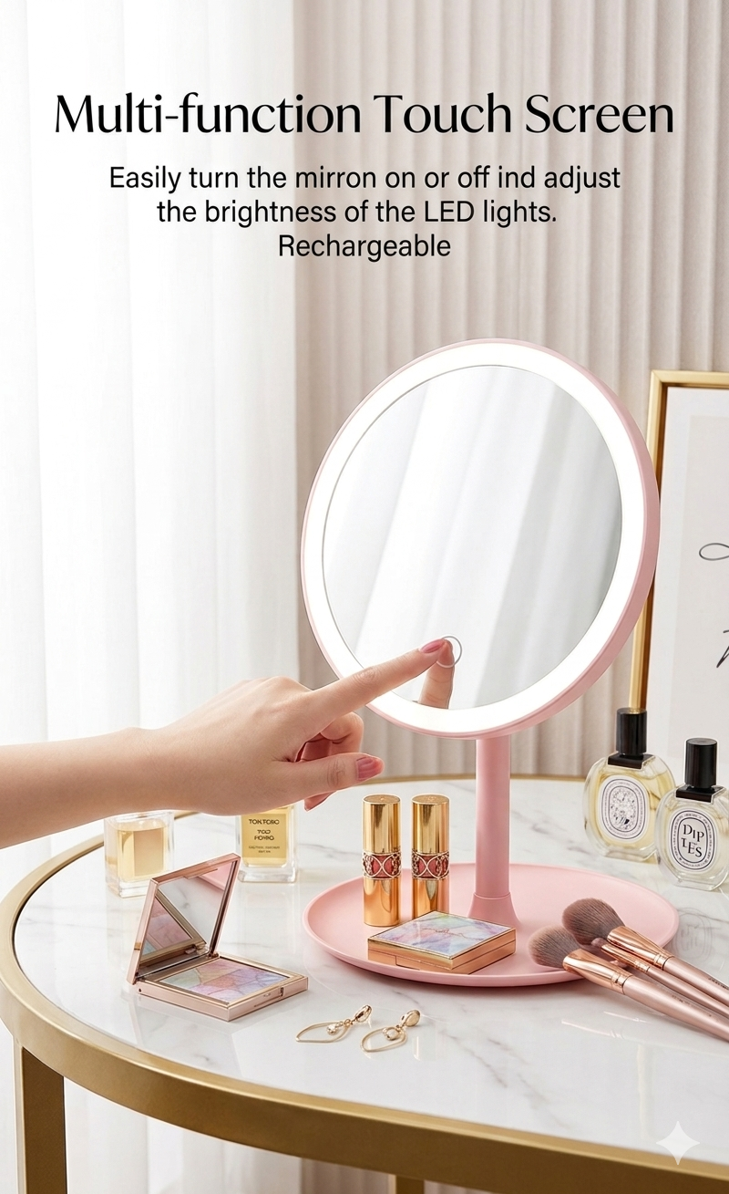LED Makeup Vanity Mirror with Stand | Touch Dimmer | 90° Swivel |  USB Rechargeable | Portable Dressing Table Mirror for Women |  Makeup Mirror with Lights Pakistan