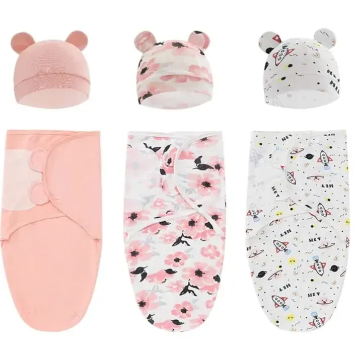 2pcs/set 0-6 Month Cotton Sleepsack Baby Swaddle Blanket Wrap Hat Set Infant Adjustable Newborn Cocoon Sleeping Bag Muslin
