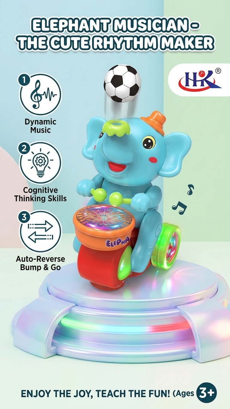 Musical Elephant Toy for Kids – Dancing & Drumming Elephant with Music, Bump & Go Function, Educational Interactive Toy